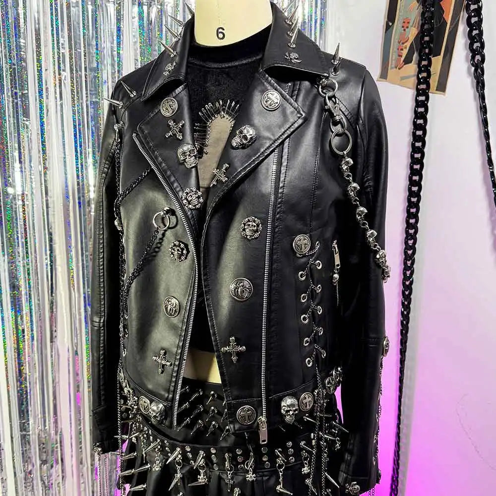 Women's Y2K Goth Black PU Leather Jacket Gothic Boho Emo Clothing with Skull Chain Punk Rock Grunge Rave Festival Coat for Teens