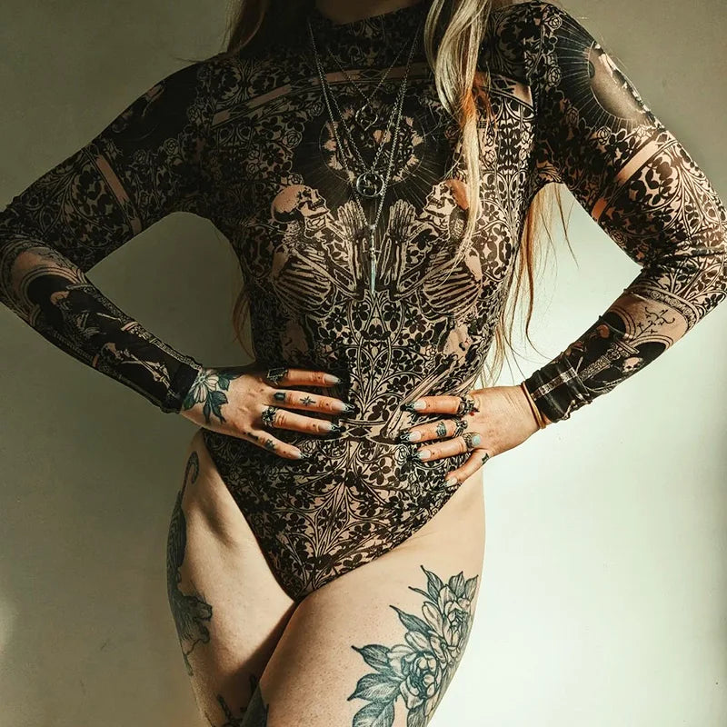 Gothic Mesh Long Sleeve Bodysuit T-Shirt
