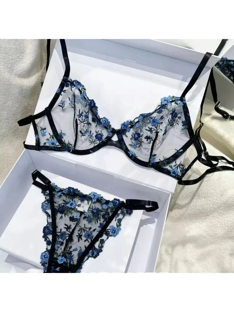 YUQI Sheer Floral Lace Lingerie Bra Set