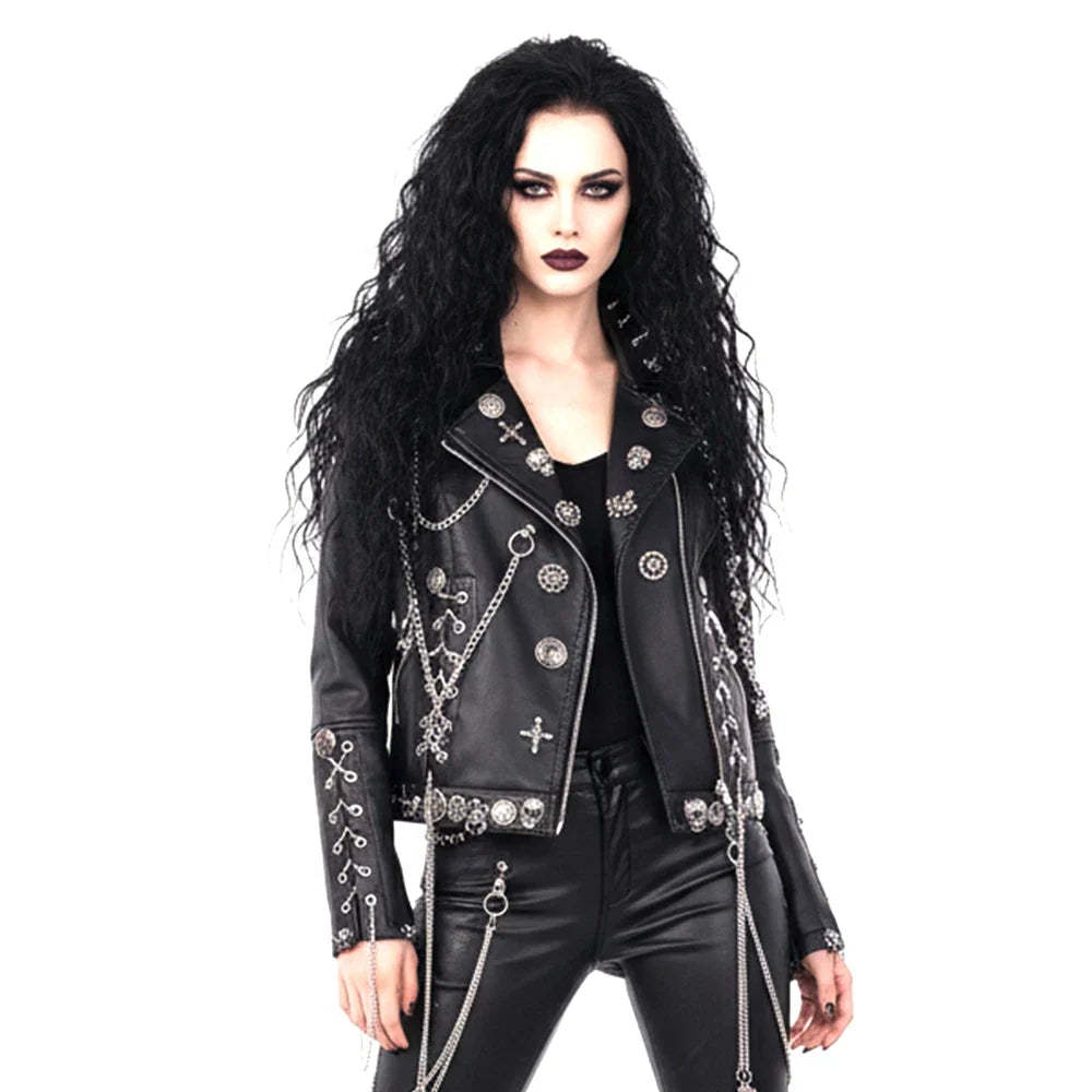 Women's Y2K Goth Black PU Leather Jacket Gothic Boho Emo Clothing with Skull Chain Punk Rock Grunge Rave Festival Coat for Teens