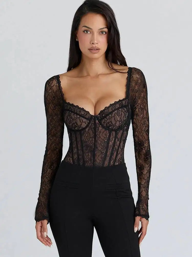 JULISSA Floral Lace Long Sleeve Bodysuit