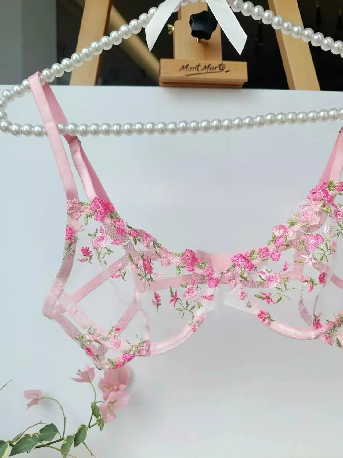 YUQI Sheer Floral Lace Lingerie Bra Set