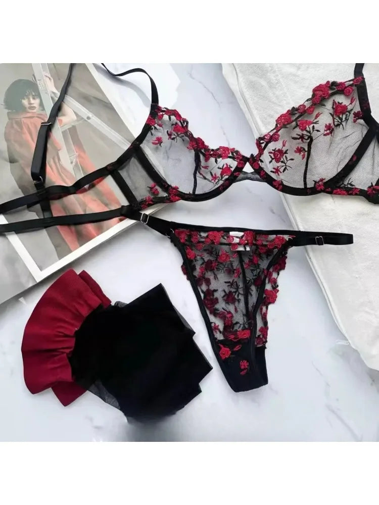 YUQI Sheer Floral Lace Lingerie Bra Set
