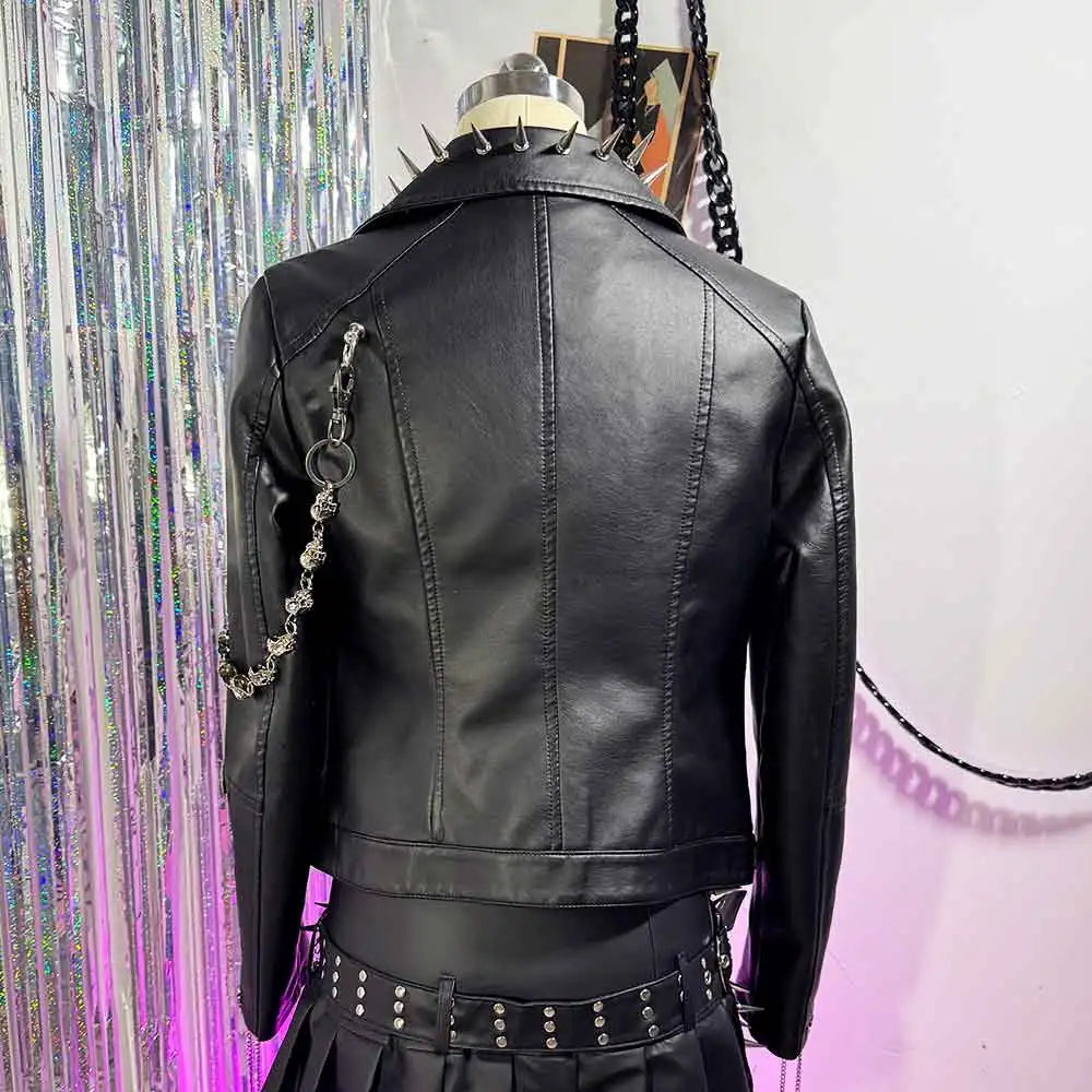 Women's Y2K Goth Black PU Leather Jacket Gothic Boho Emo Clothing with Skull Chain Punk Rock Grunge Rave Festival Coat for Teens