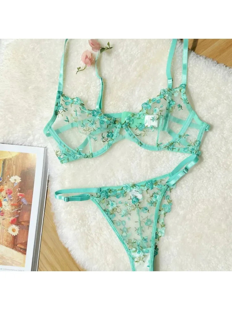 YUQI Sheer Floral Lace Lingerie Bra Set