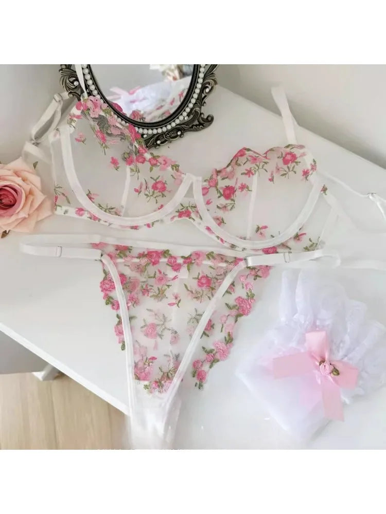 YUQI Sheer Floral Lace Lingerie Bra Set