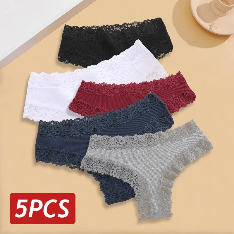 5PCS/Set Women Lace Seamless Cotton Panties Sexy Brazilian Ribbed Breathable Girls Underwear Soft Plus Size S-XL