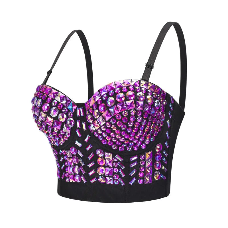 Grey Beading Gems Luxury Sexy Punk Rave Top y2k Push Up Dance Club Straps