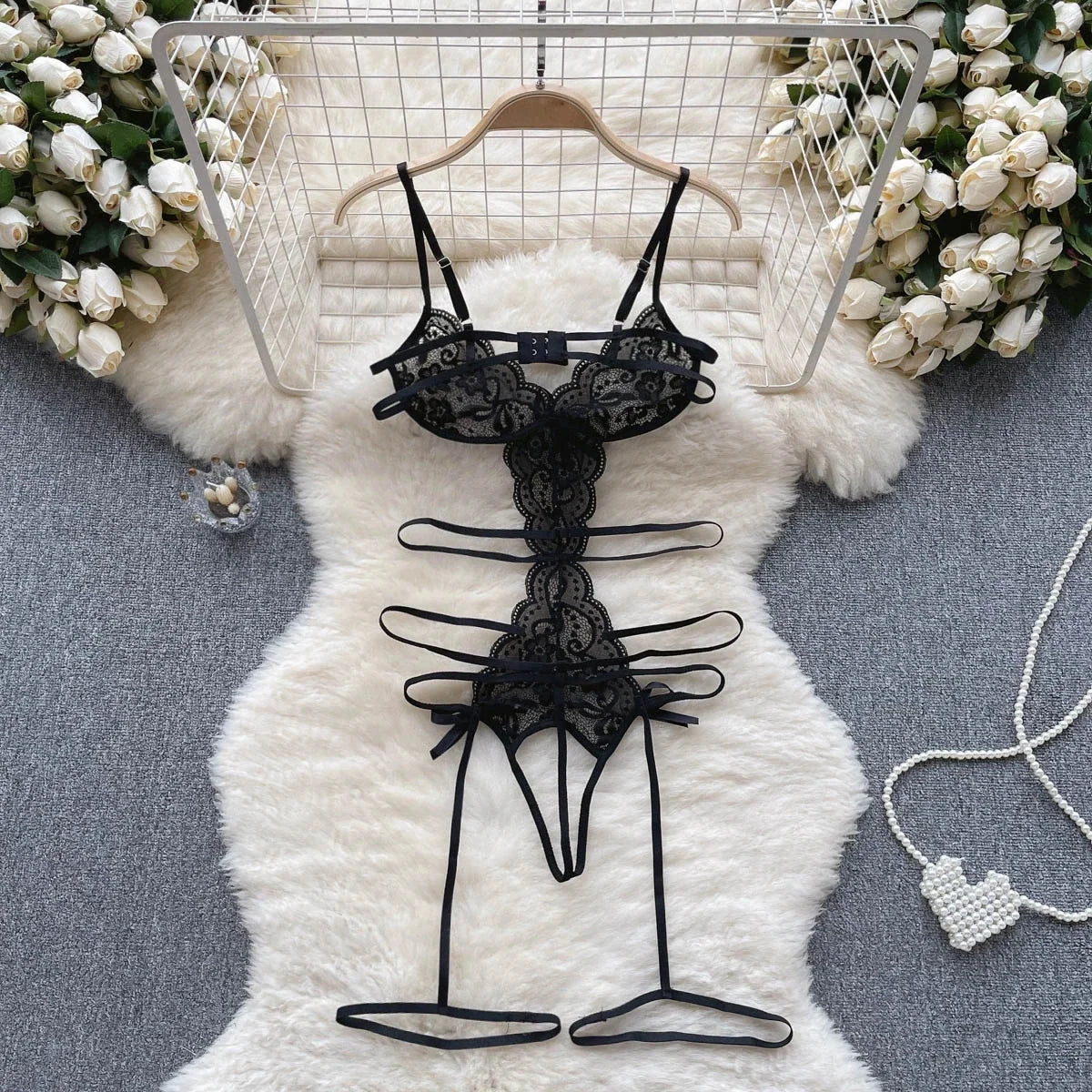 Hollow Lace Lingerie Bodysuit Set