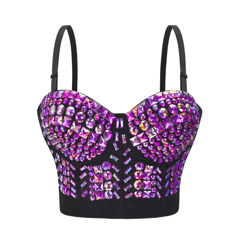 Grey Beading Gems Luxury Sexy Punk Rave Top y2k Push Up Dance Club Straps