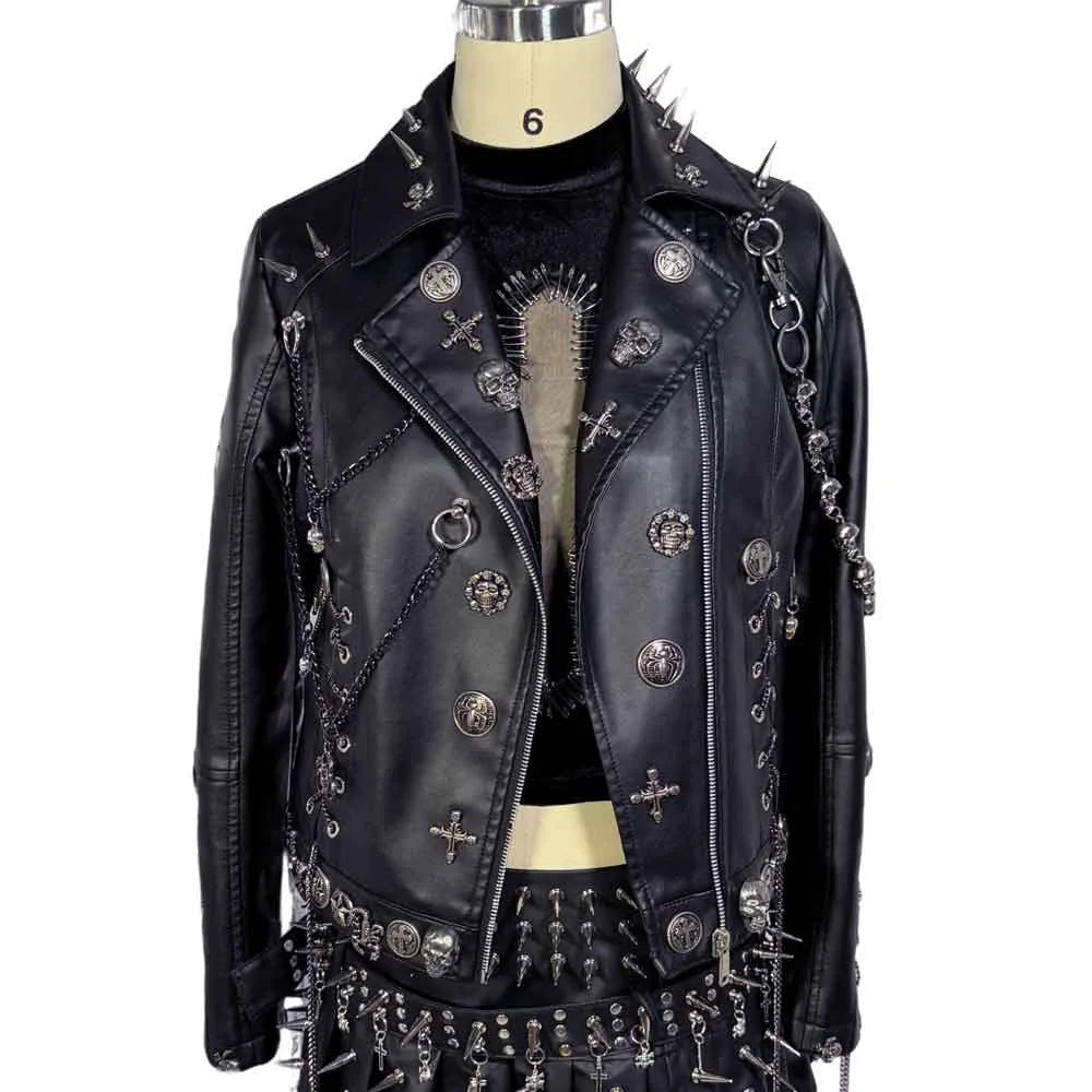 Women's Y2K Goth Black PU Leather Jacket Gothic Boho Emo Clothing with Skull Chain Punk Rock Grunge Rave Festival Coat for Teens