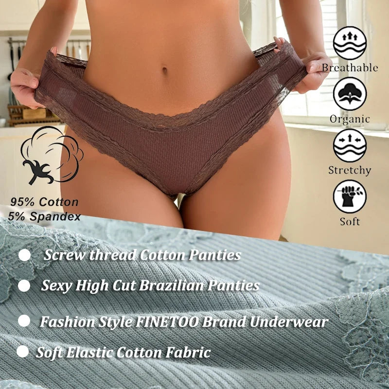 5PCS/Set Women Lace Seamless Cotton Panties Sexy Brazilian Ribbed Breathable Girls Underwear Soft Plus Size S-XL