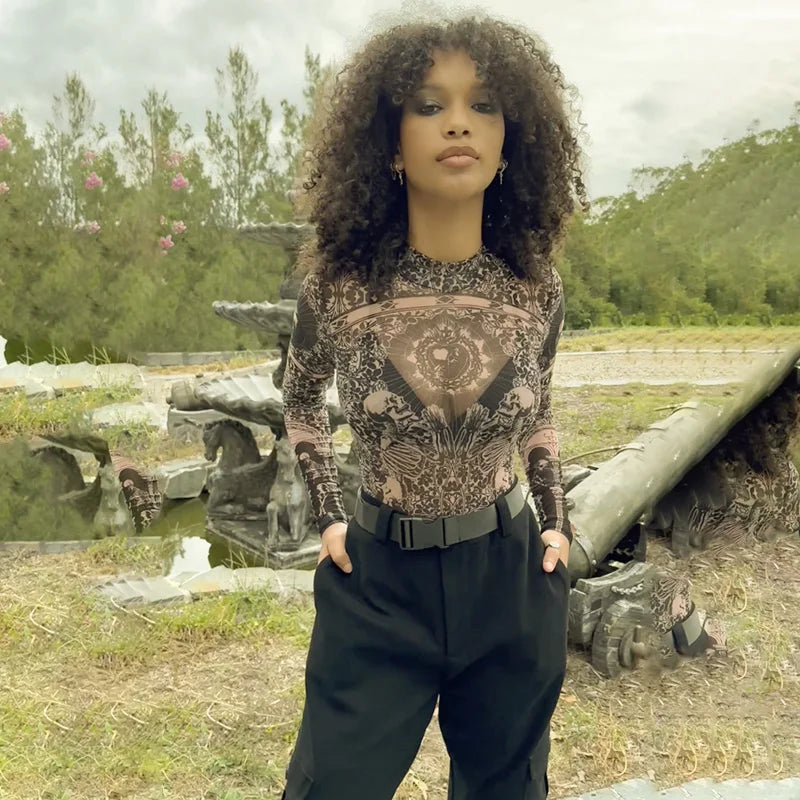 Gothic Mesh Long Sleeve Bodysuit T-Shirt