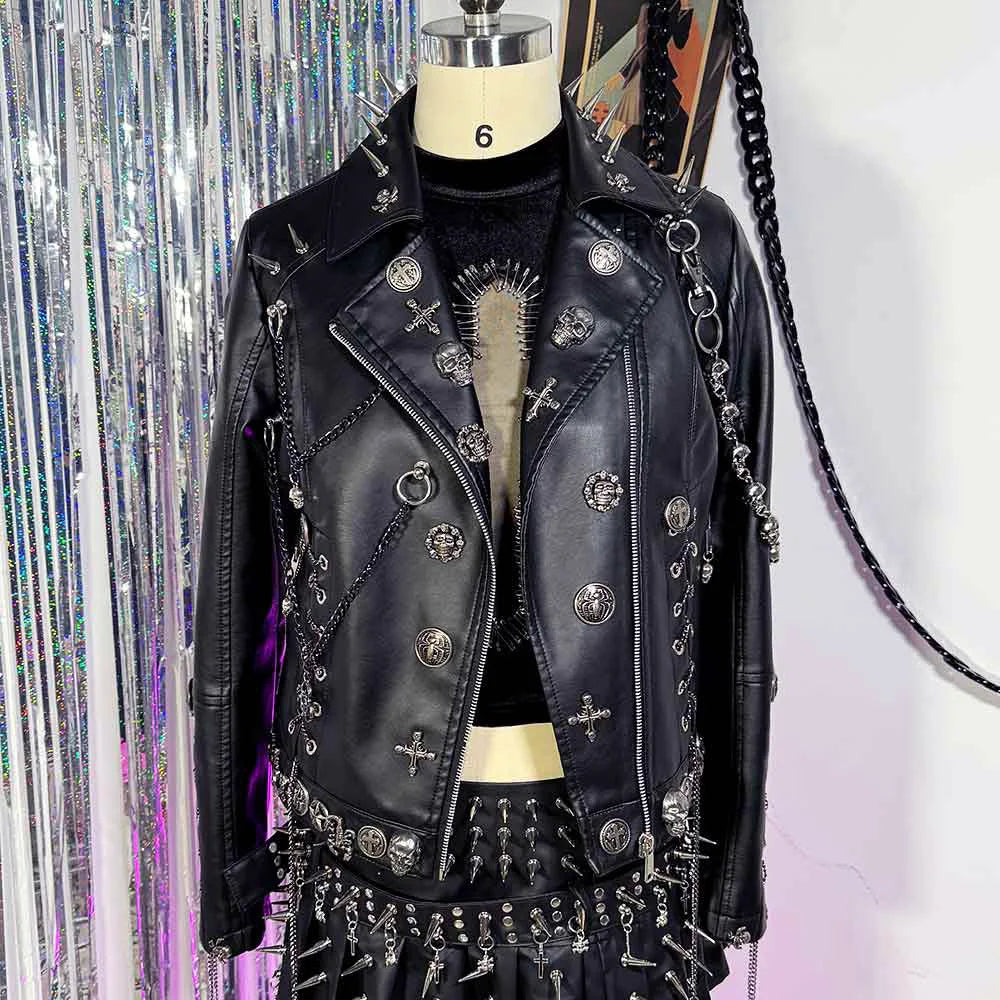 Women's Y2K Goth Black PU Leather Jacket Gothic Boho Emo Clothing with Skull Chain Punk Rock Grunge Rave Festival Coat for Teens