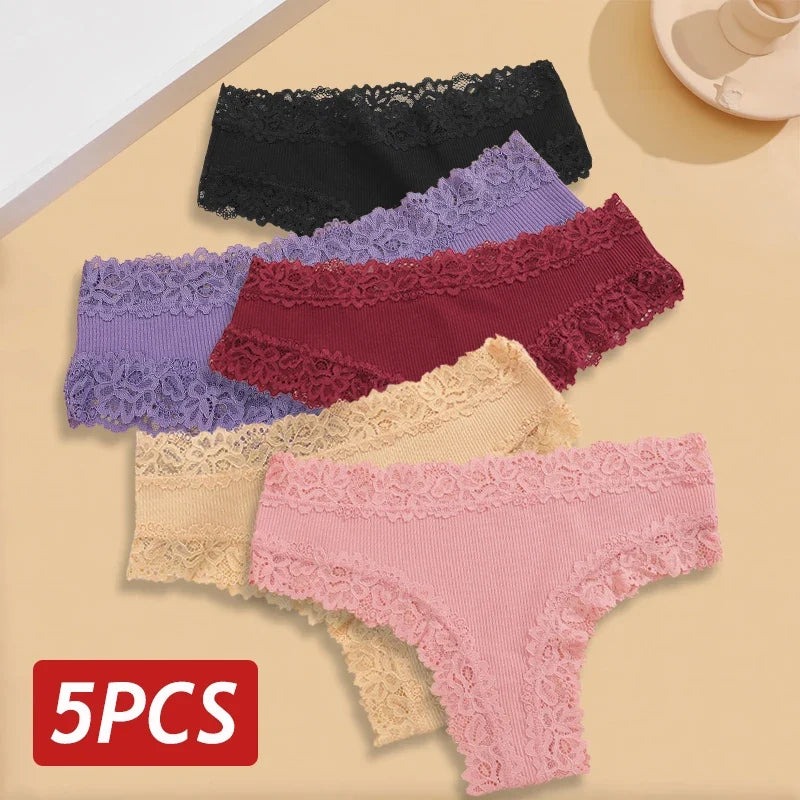 5PCS/Set Women Lace Seamless Cotton Panties Sexy Brazilian Ribbed Breathable Girls Underwear Soft Plus Size S-XL
