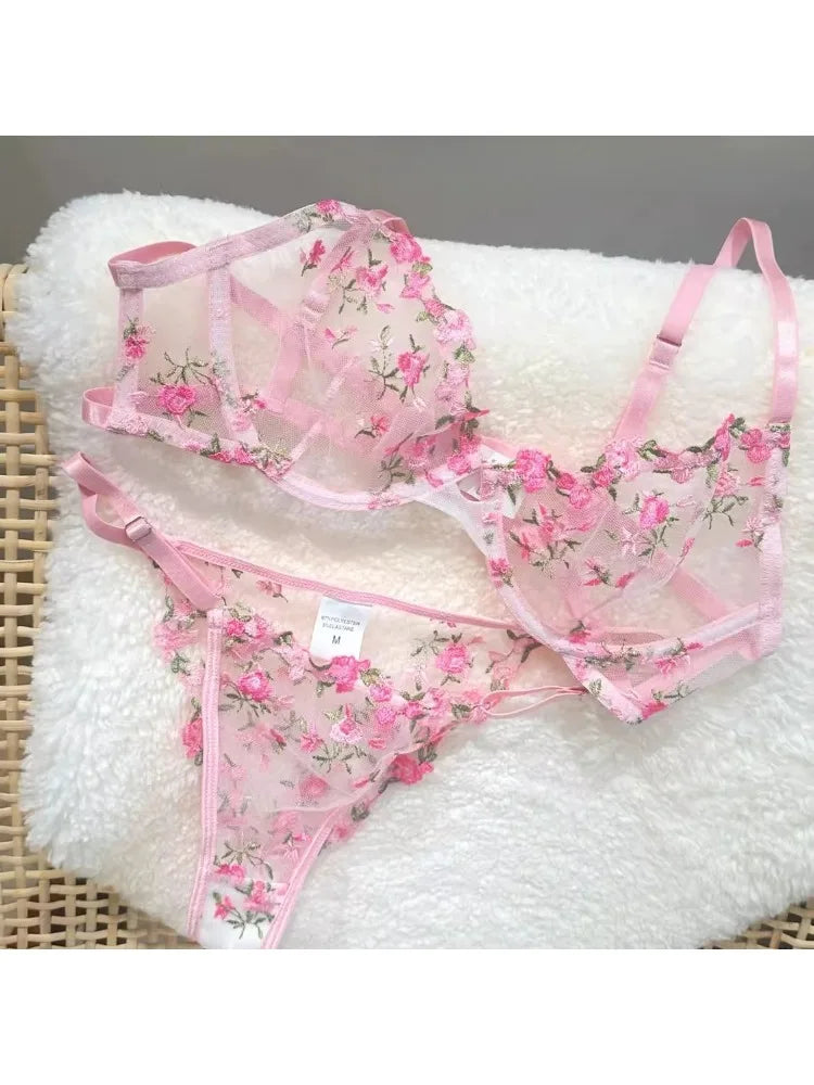 YUQI Sheer Floral Lace Lingerie Bra Set