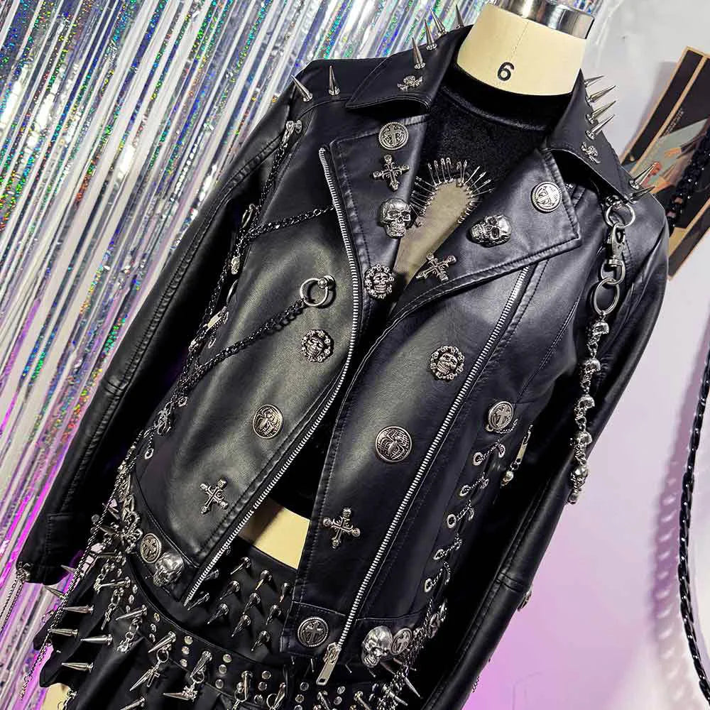 Women's Y2K Goth Black PU Leather Jacket Gothic Boho Emo Clothing with Skull Chain Punk Rock Grunge Rave Festival Coat for Teens
