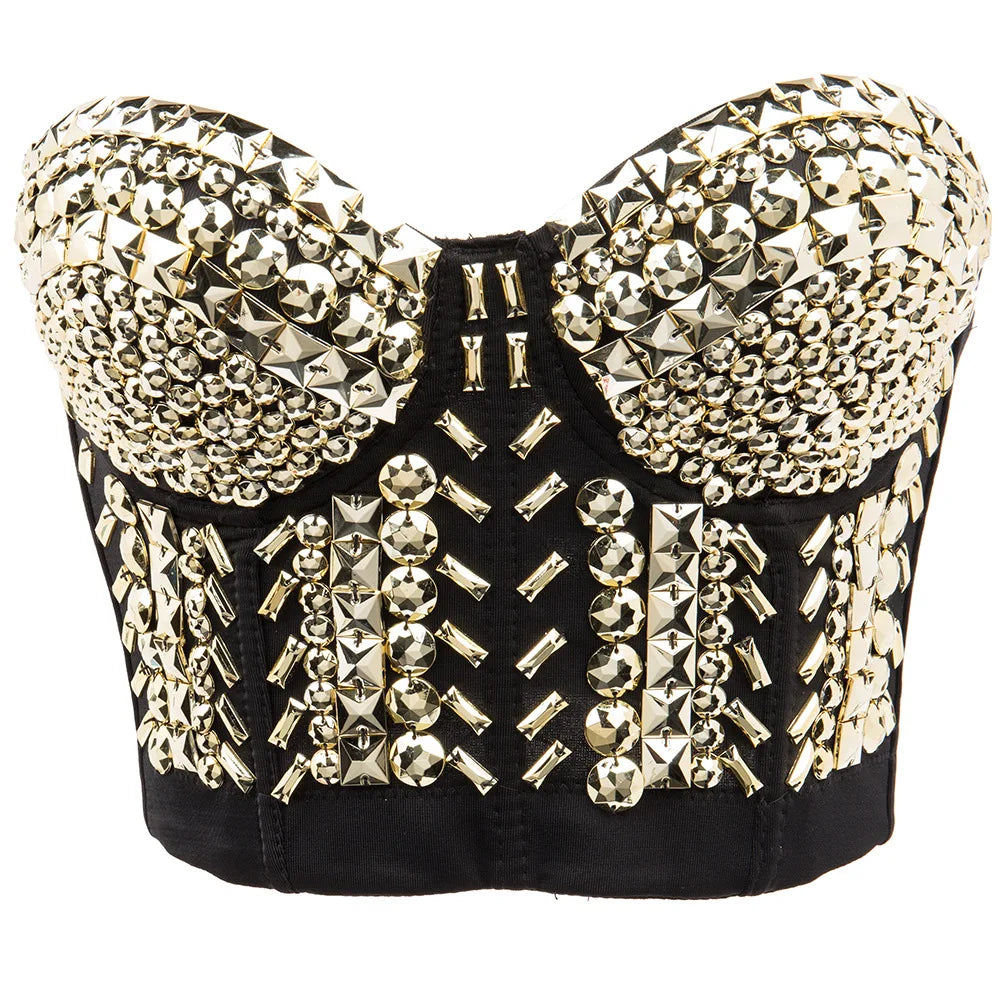 Grey Beading Gems Luxury Sexy Punk Rave Top y2k Push Up Dance Club Straps