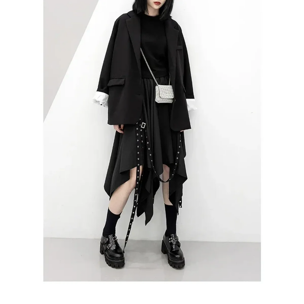 Black Irregular Hem Gothic Punk Skirt – Buckle Straps & Studded Details