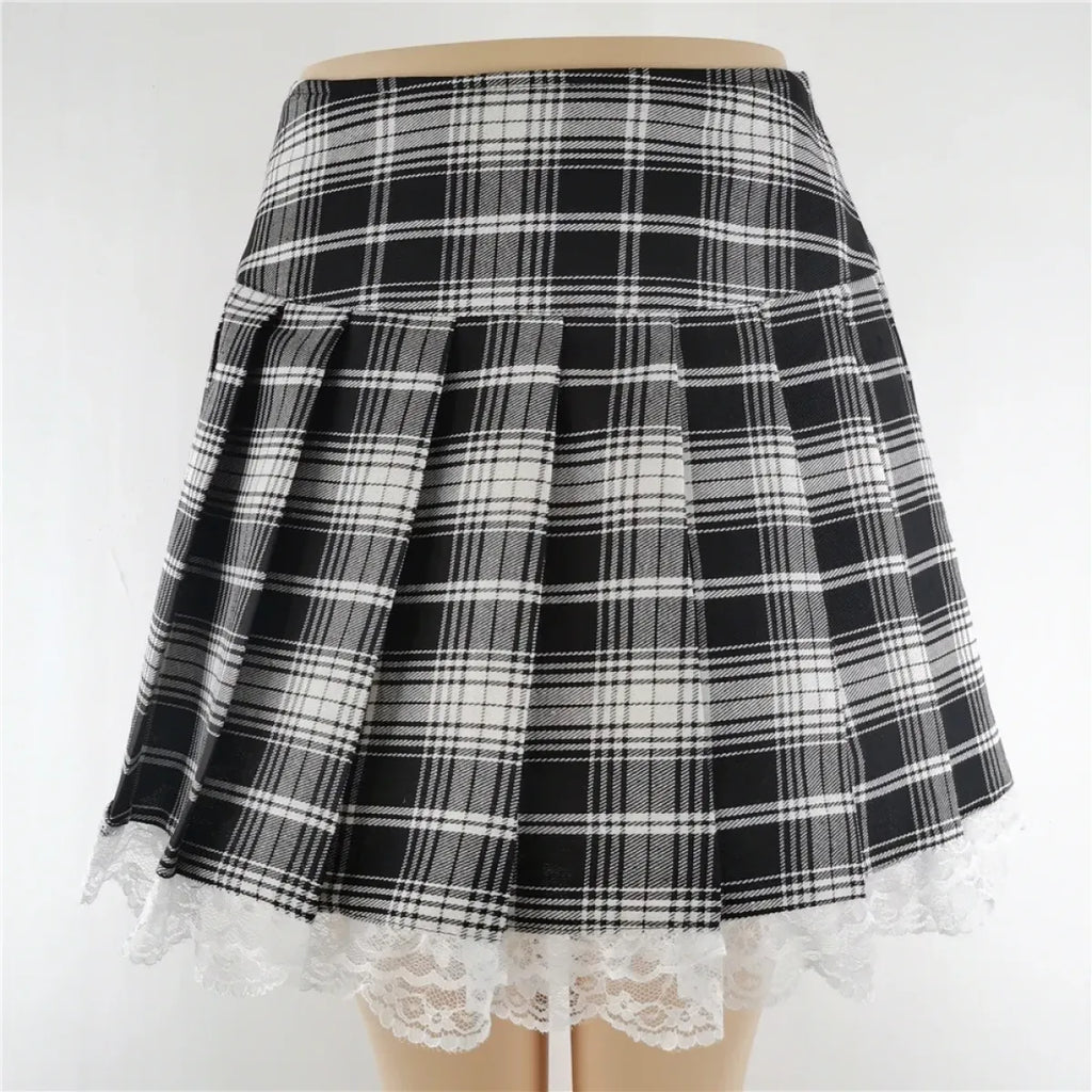 Red Black Plaid Lace Gothic Punk Skirt – Pleated Y2K Harajuku Style