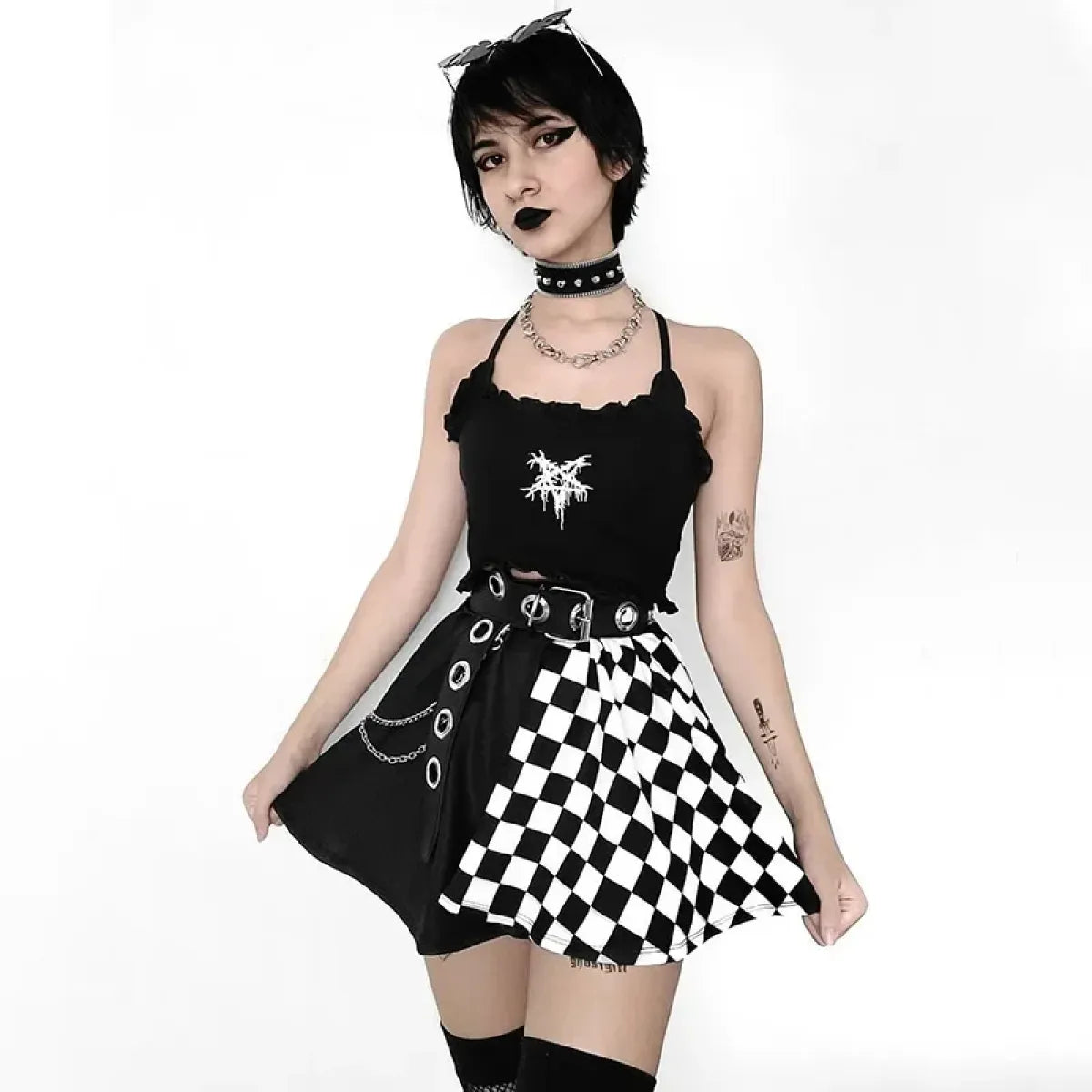 Checkerboard Gothic Punk Skirt – Grommet Chains & Contrast Panels