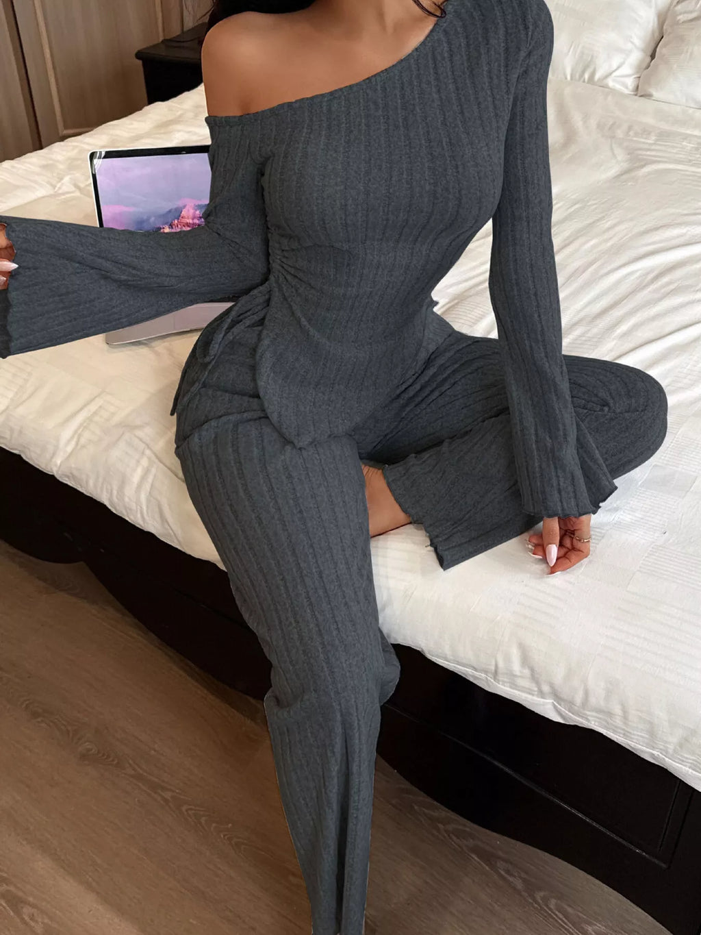 Single Knit Rib One-Shoulder Ribbed Knit Top and Pants Set – Isla Intimates