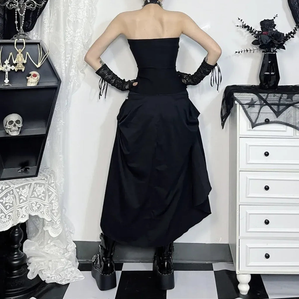 Gothic High Waist Ruffle Skirt – Punk Grunge Lace-Up A-Line Skirt