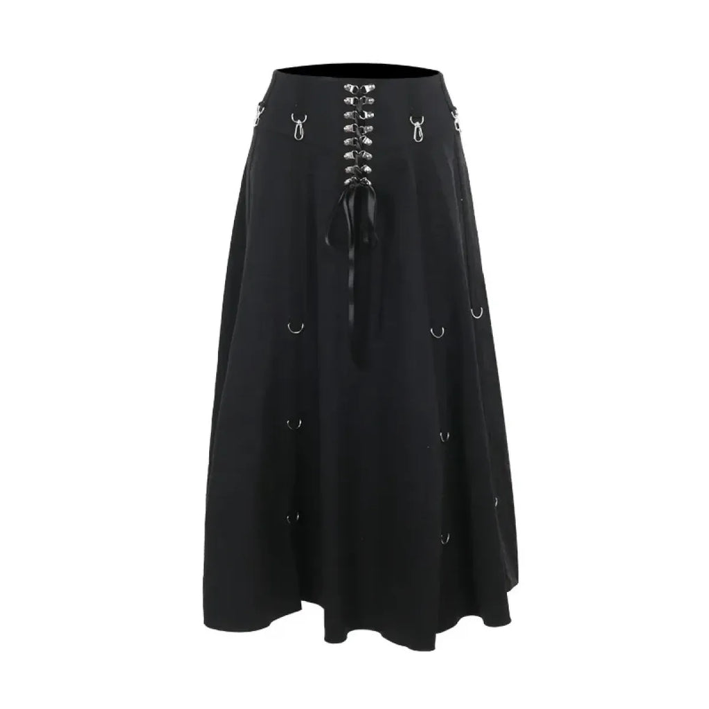 Gothic High Waist Ruffle Skirt – Punk Grunge Lace-Up A-Line Skirt