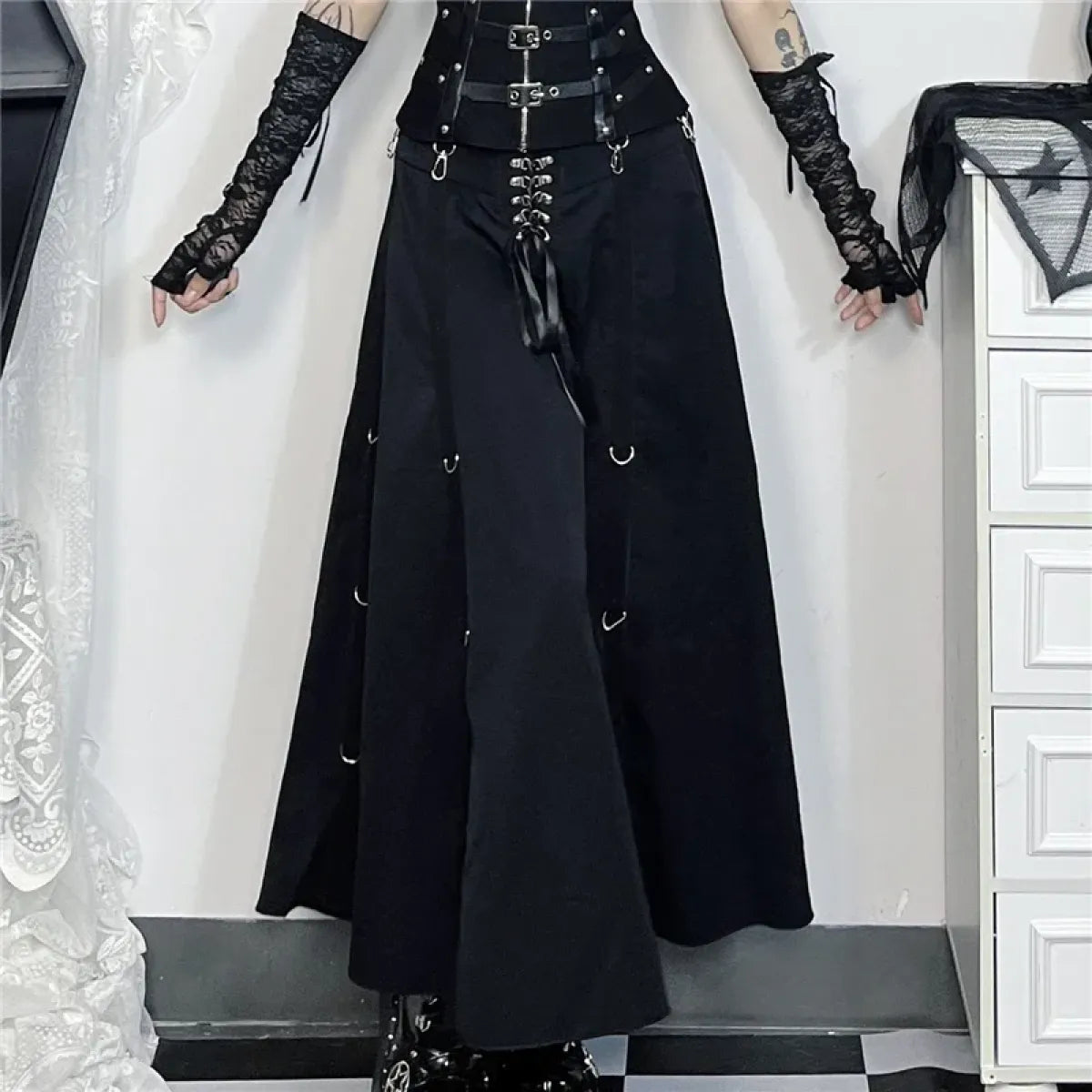 Gothic High Waist Ruffle Skirt – Punk Grunge Lace-Up A-Line Skirt