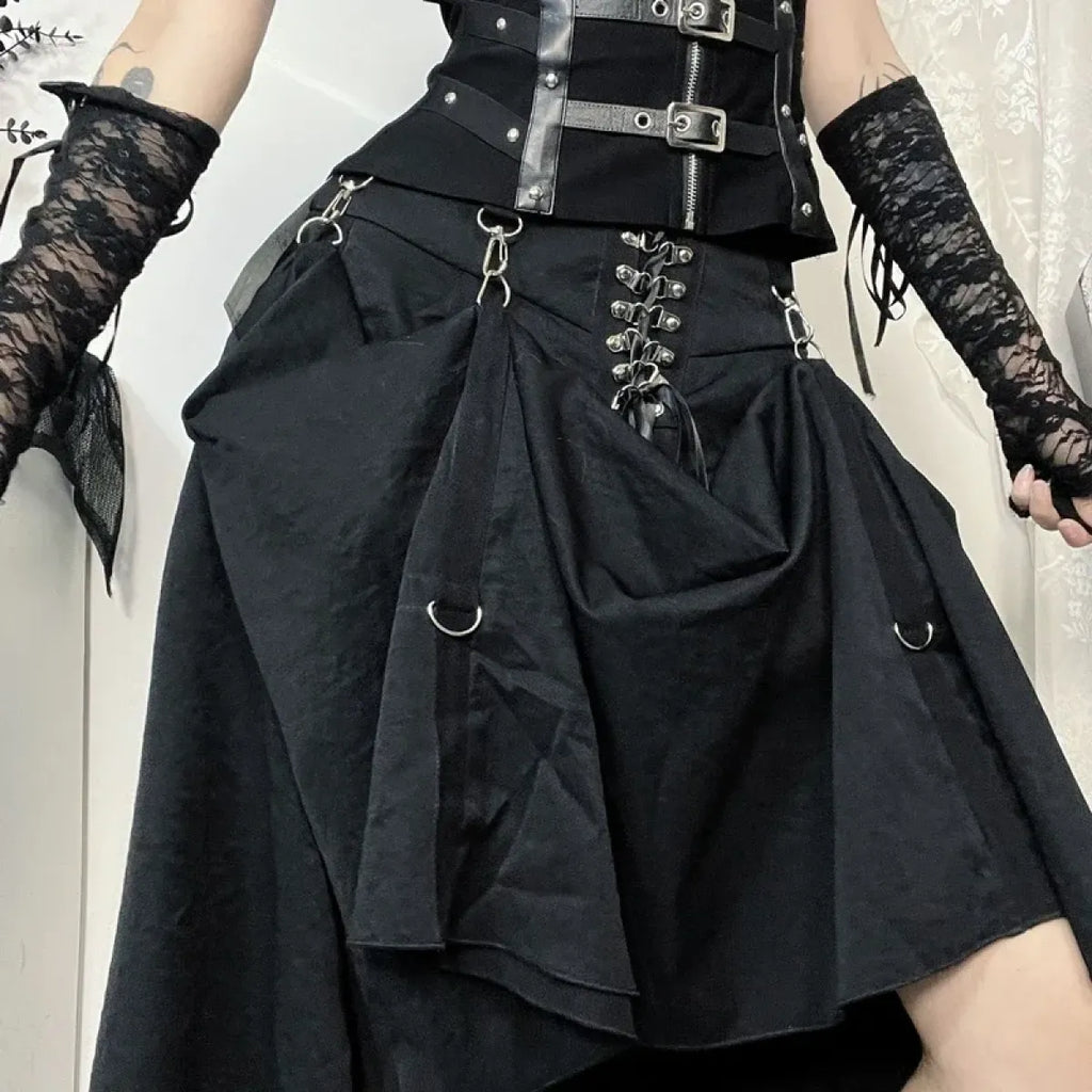 Gothic High Waist Ruffle Skirt – Punk Grunge Lace-Up A-Line Skirt