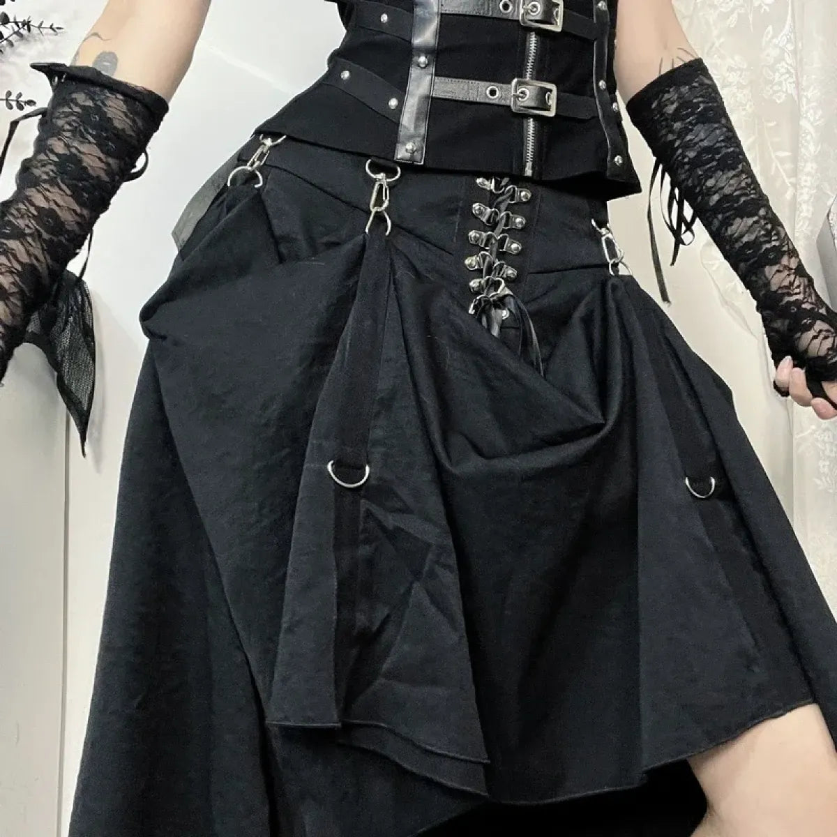 Gothic High Waist Ruffle Skirt – Punk Grunge Lace-Up A-Line Skirt