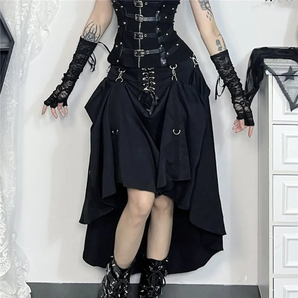 Gothic High Waist Ruffle Skirt – Punk Grunge Lace-Up A-Line Skirt