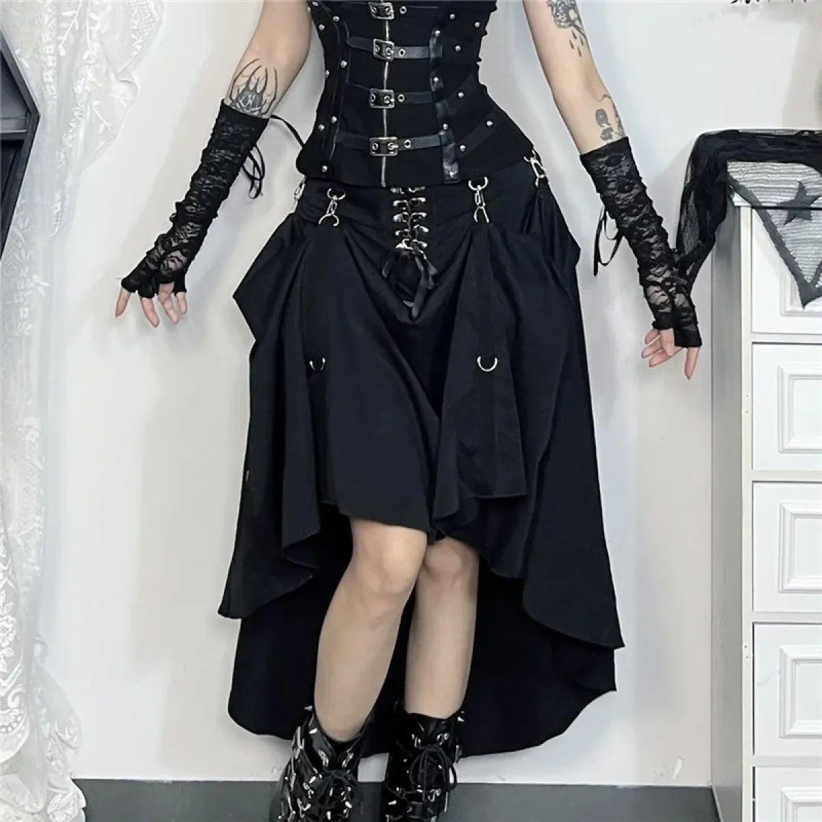 Gothic High Waist Ruffle Skirt – Punk Grunge Lace-Up A-Line Skirt