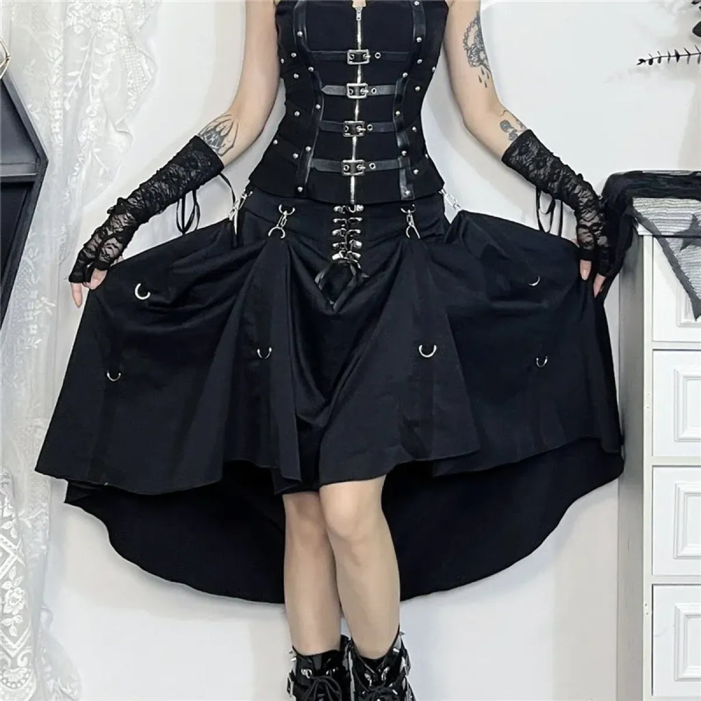 Gothic High Waist Ruffle Skirt – Punk Grunge Lace-Up A-Line Skirt