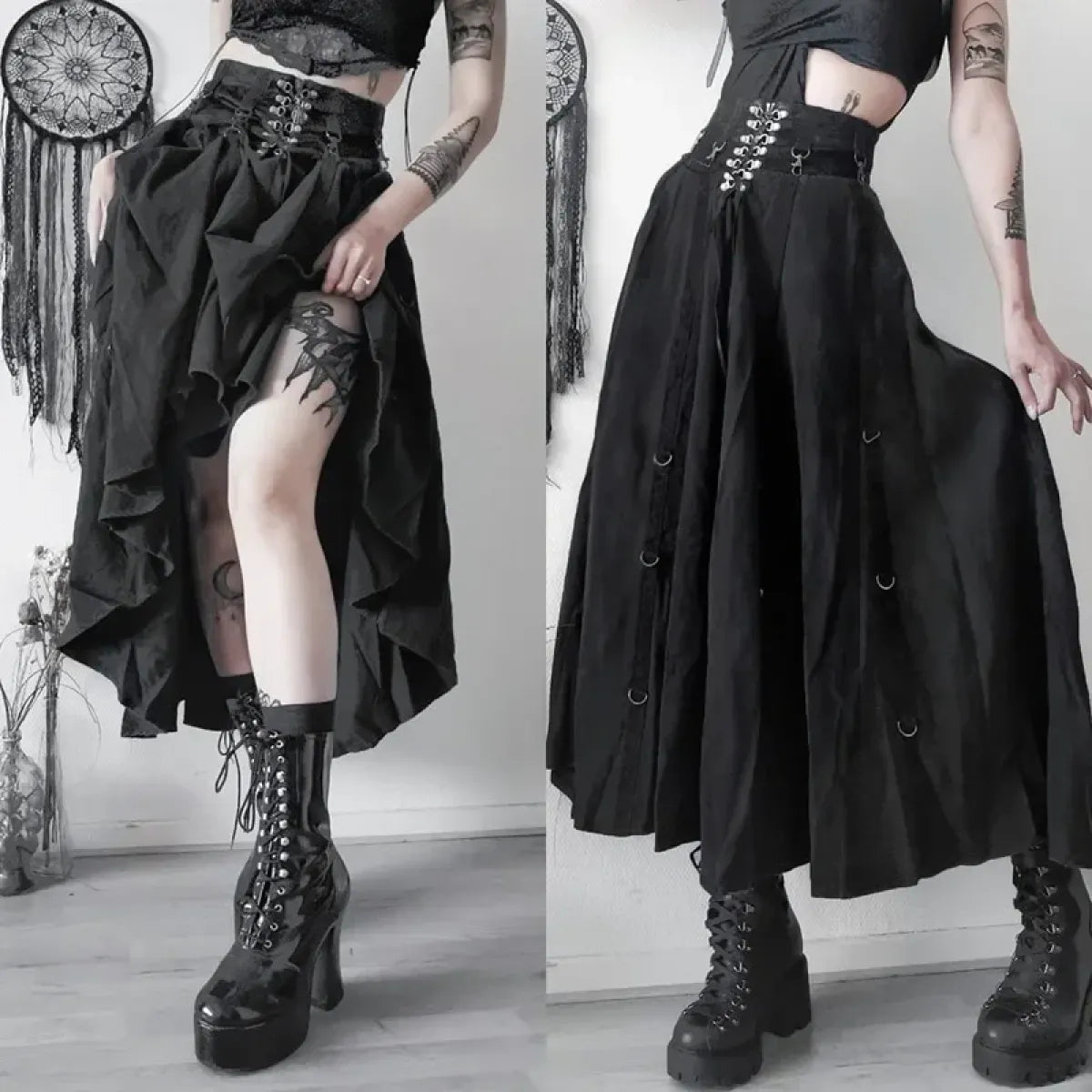 Gothic High Waist Ruffle Skirt – Punk Grunge Lace-Up A-Line Skirt