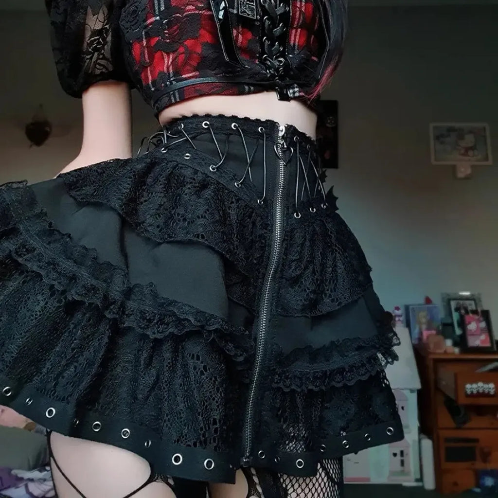 Gothic Lace-Up Skirt – Kawaii Harajuku Punk Ruffle Mini Skirt