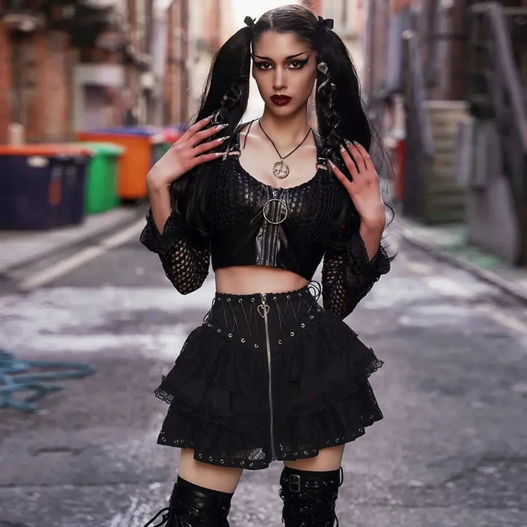 Gothic Lace-Up Skirt – Kawaii Harajuku Punk Ruffle Mini Skirt