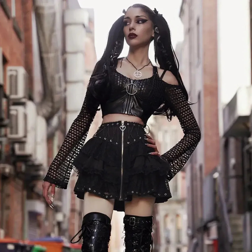 Gothic Lace-Up Skirt – Kawaii Harajuku Punk Ruffle Mini Skirt