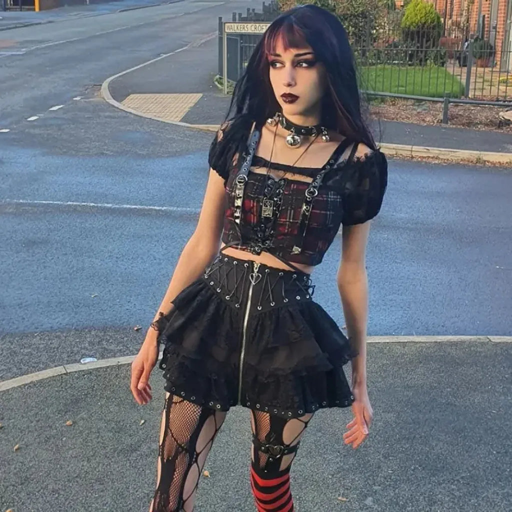 Gothic Lace-Up Skirt – Kawaii Harajuku Punk Ruffle Mini Skirt