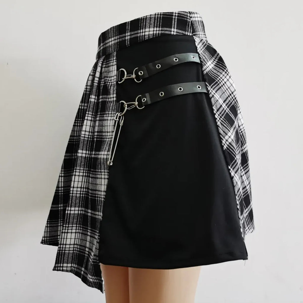 Plaid Gothic Pleated Mini Skirt – Punk Chains & Buckle Accent