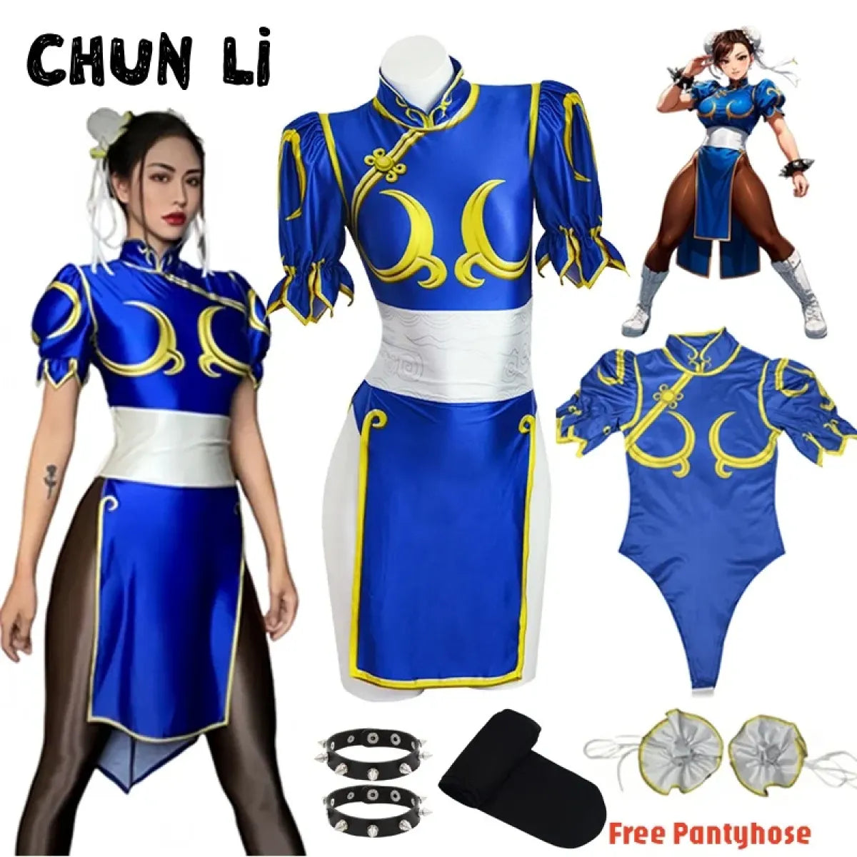 Chun Li Cosplay Costume – Street Fighter Blue Cheongsam Set with Headpiece