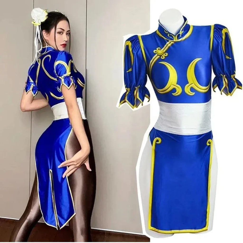 Chun Li Cosplay Costume – Street Fighter Blue Cheongsam Set with Headpiece