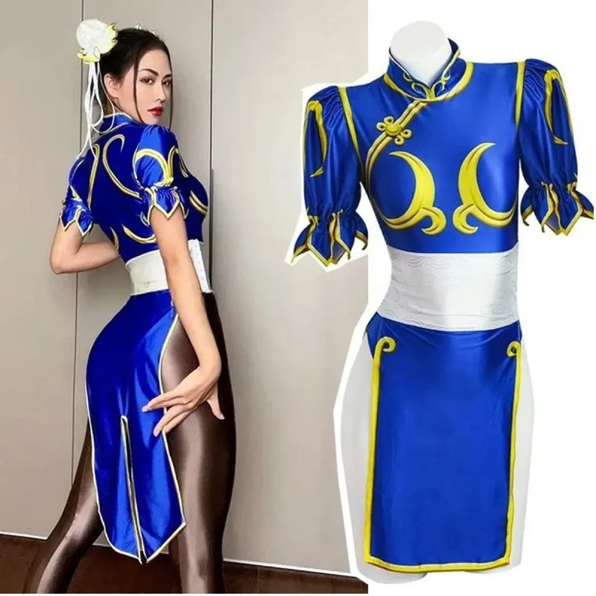Chun Li Cosplay Costume – Street Fighter Blue Cheongsam Set with Headpiece