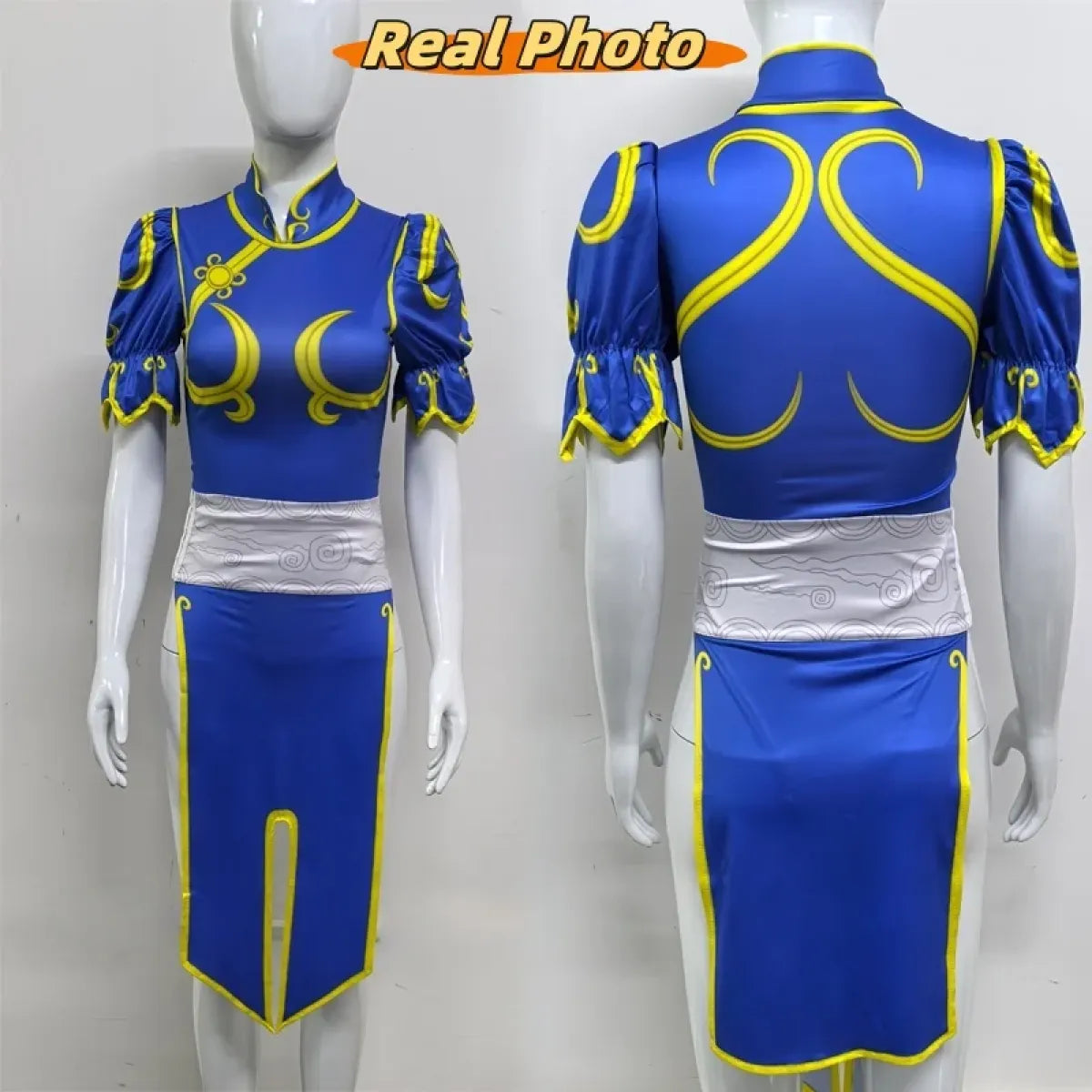 Chun Li Cosplay Costume – Street Fighter Blue Cheongsam Set with Headpiece