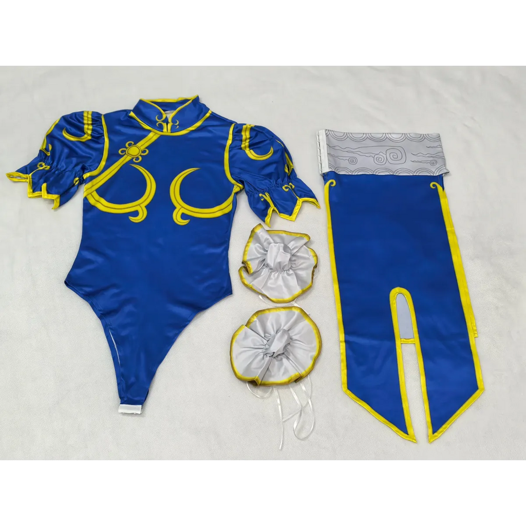 Chun Li Cosplay Costume – Street Fighter Blue Cheongsam Set with Headpiece