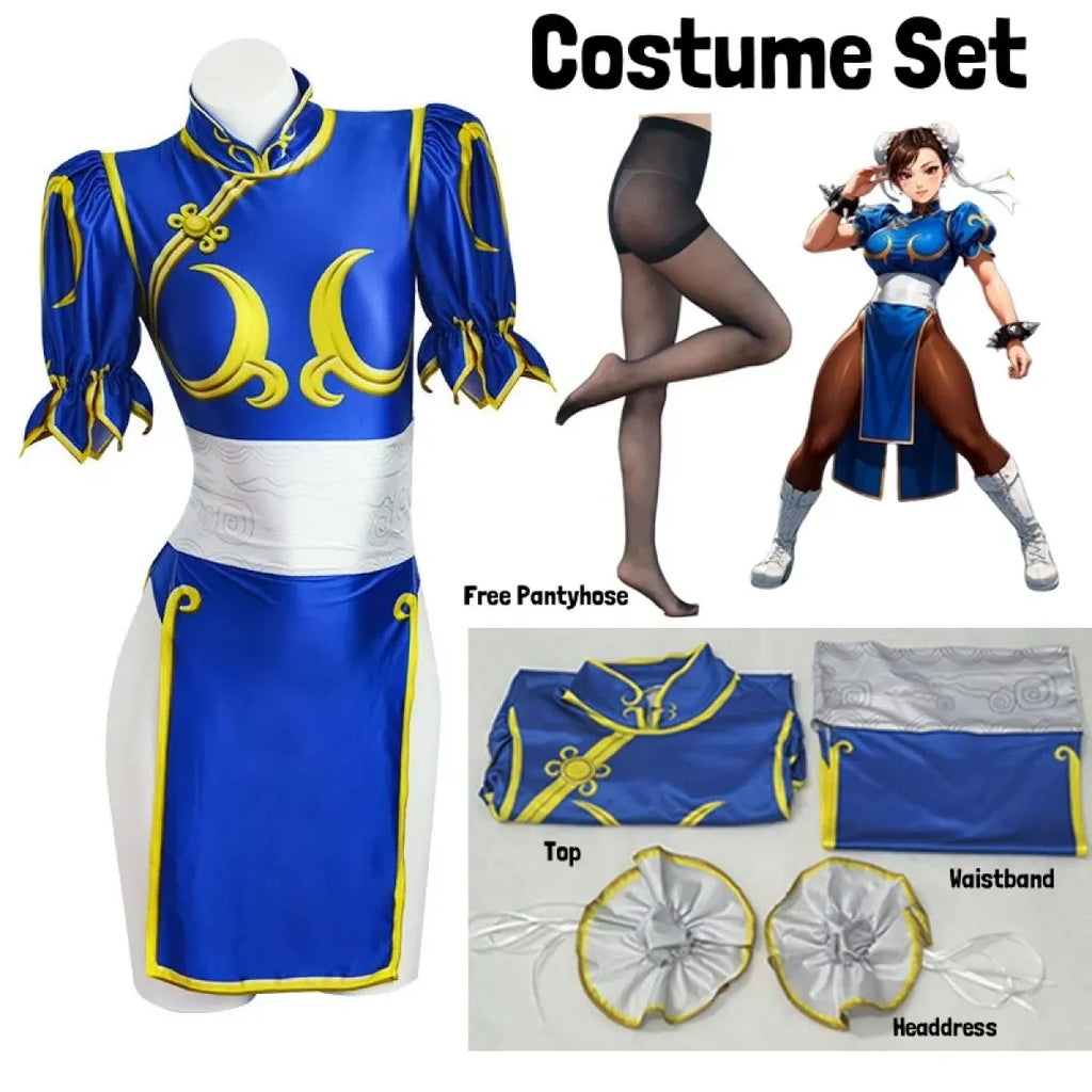Chun Li Cosplay Costume – Street Fighter Blue Cheongsam Set with Headpiece