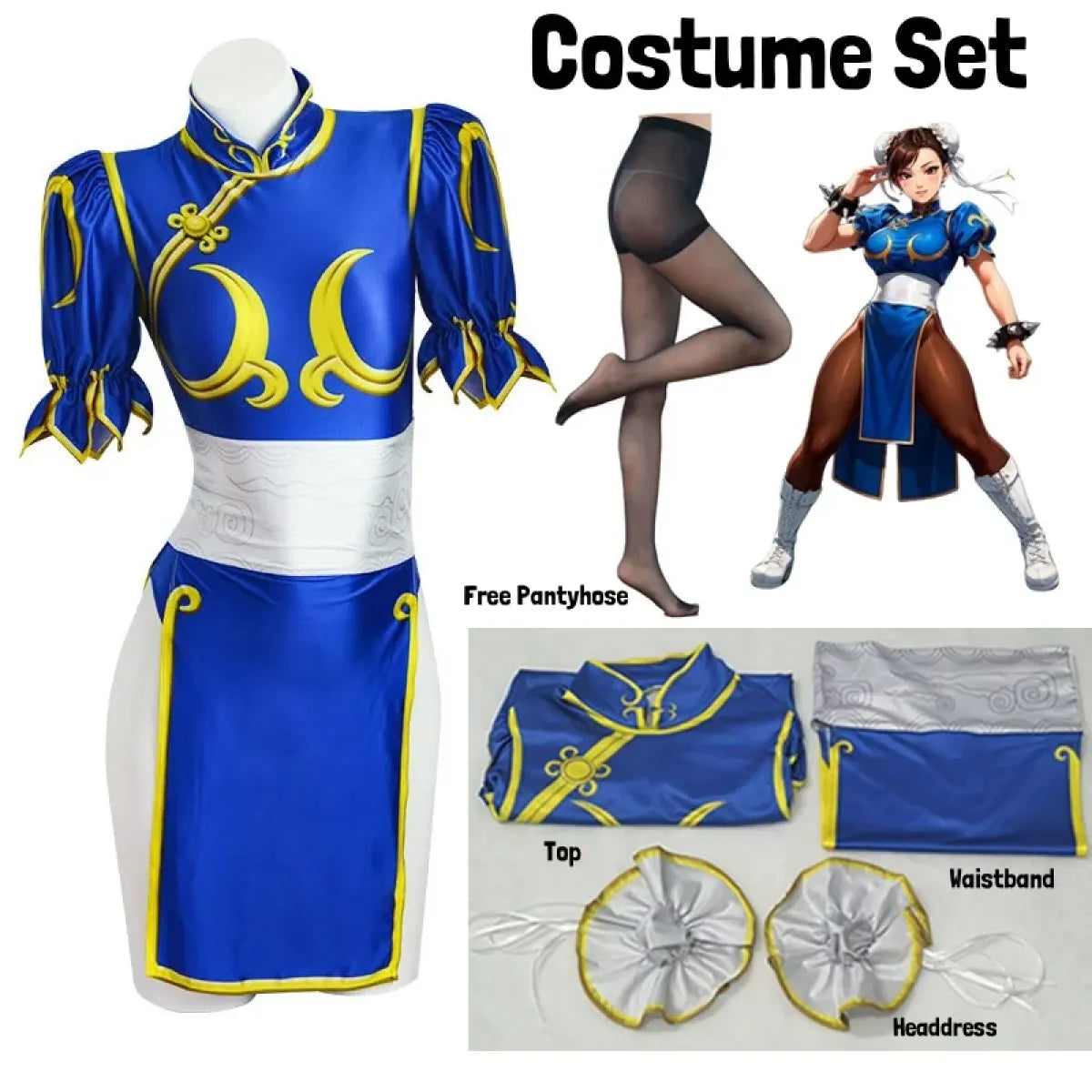 Chun Li Cosplay Costume – Street Fighter Blue Cheongsam Set with Headpiece