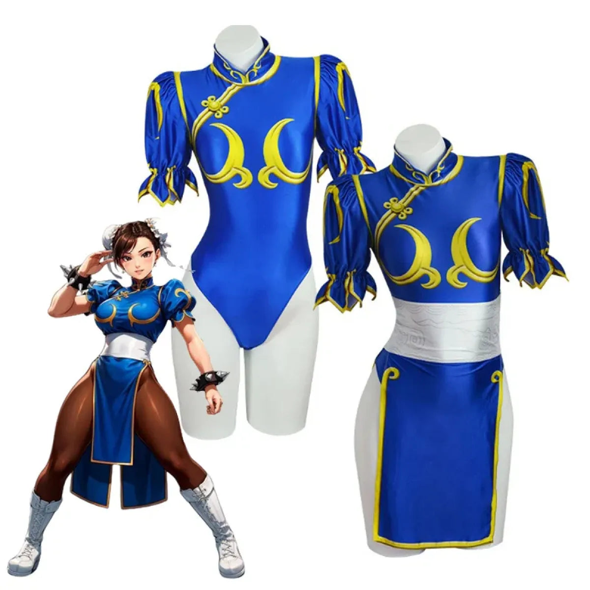 Chun Li Cosplay Costume – Street Fighter Blue Cheongsam Set with Headpiece