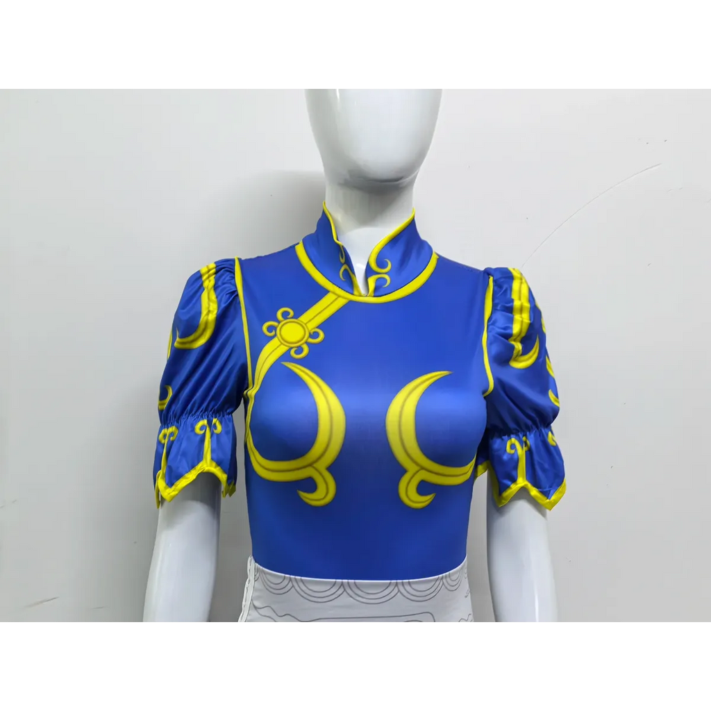 Chun Li Cosplay Costume – Street Fighter Blue Cheongsam Set with Headpiece