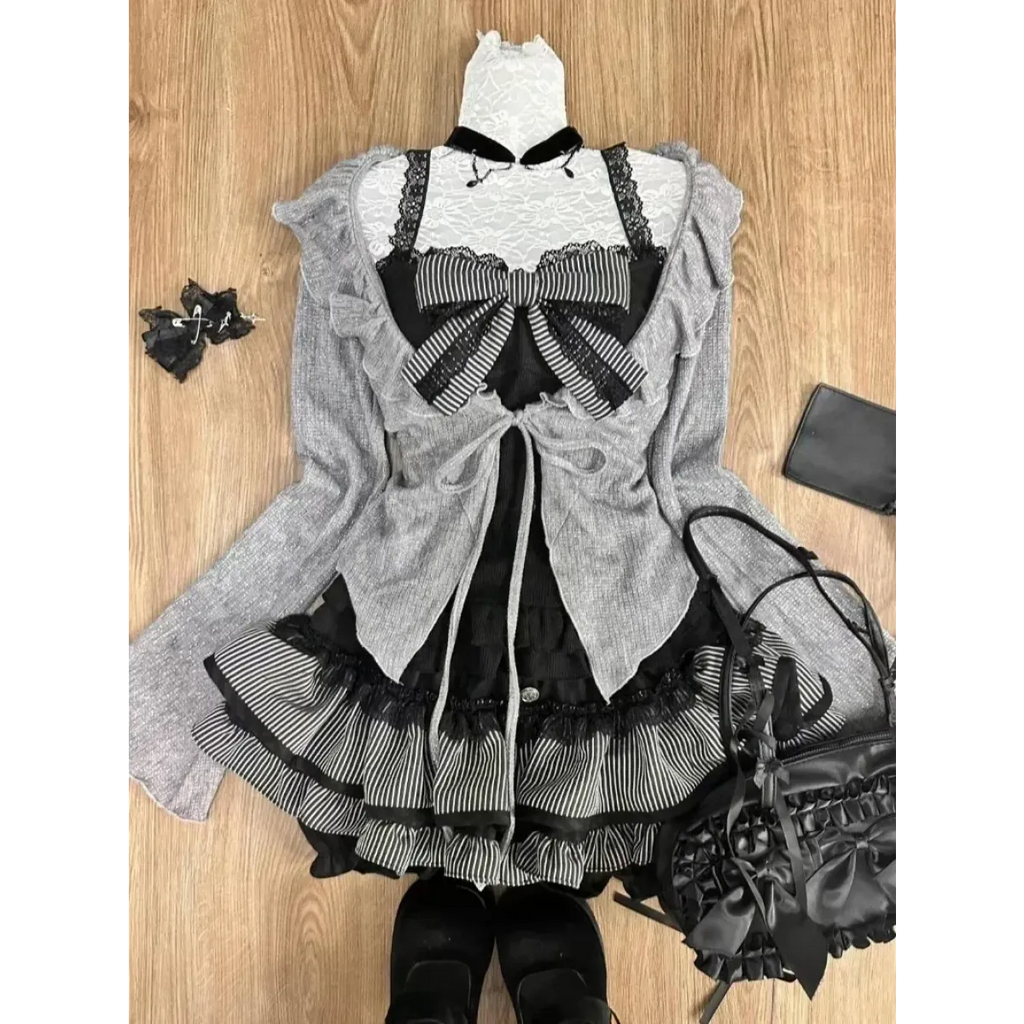 Sweet Lolita 3-Piece Set – Lace-Up Cardigan, Strapless Top, Skirt